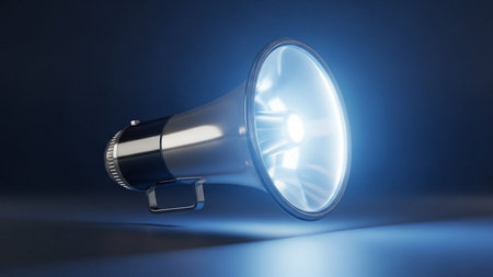 Megaphone on blue background. 3D rendering. Lens flare.の素材