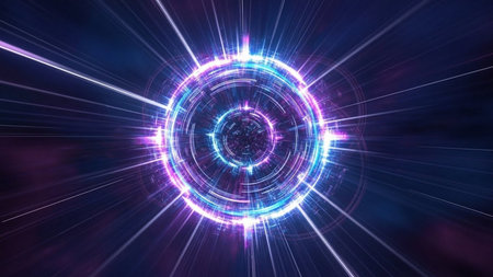 Abstract background with neon lights. luminous swirling. Elegant glowing circle.  Sparking particle. Space tunnel. Glossy jellyfish. Colorful ellipse. Glint sphereの素材