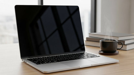 Laptop with blank screen and coffee cup on wooden table in officeの素材