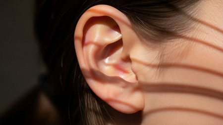 Close up of a woman's ear with a hearing aid in the earの素材