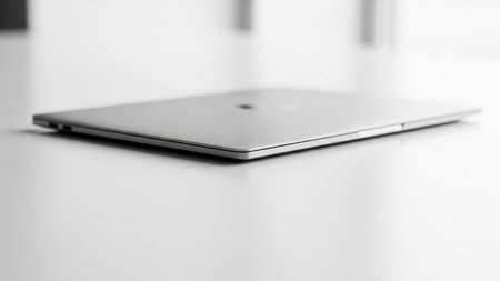 Laptop on a white table. Close-up. Monochrome.の素材