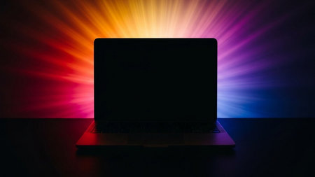 Laptop with blank screen on wooden desk with colorful light beam in backgroundの素材