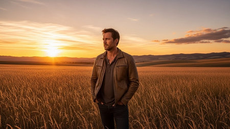Handsome man standing in a wheat field and looking at the sunsetの素材
