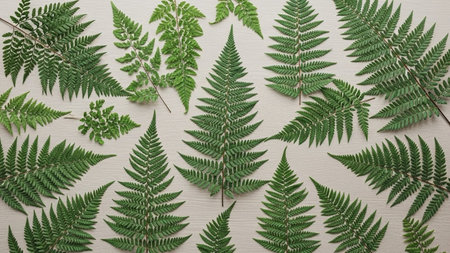 Fern leaves on white wooden background. Flat lay, top view.の素材
