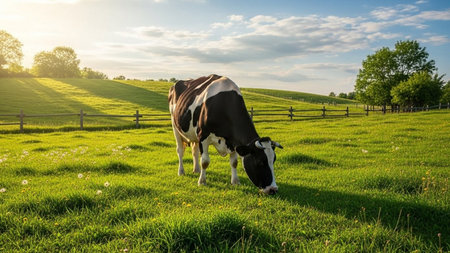 Cow grazing on a green meadow in the sun at sunset.の素材