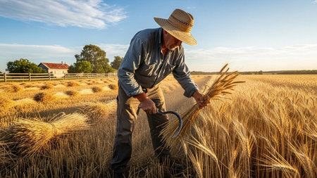 Farmer working in wheat field, he is holding a basket of wheatの素材