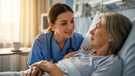 Smiling nurse looking at senior patient lying on hospital bed in wardの素材