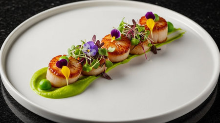 Grilled scallops with green sauce on a white plate.の素材