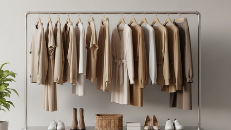 Wardrobe rack with clothes and accessories on white wall background. Mock upの素材