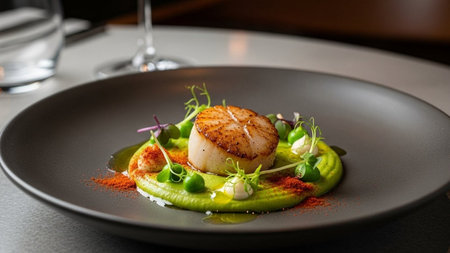 Grilled scallops with pea puree and red pepperの素材