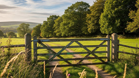 A view of a gate in the countryside in the United Kingdom.の素材