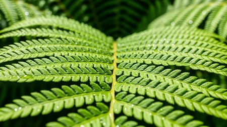 Close up of green fern leaf with water drops. Natural backgroundの素材