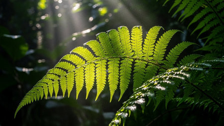 green fern leaf in the rainforest with sunlight in the morningの素材