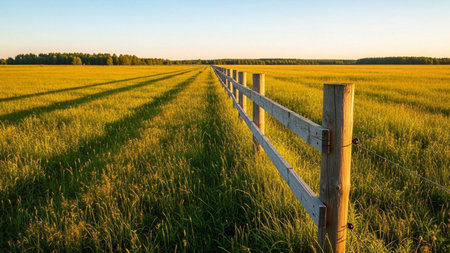 Wooden fence on a field in summer at sunset. Landscape.の素材