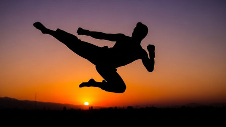 Silhouette of a man jumping against the sunset sky background.の素材