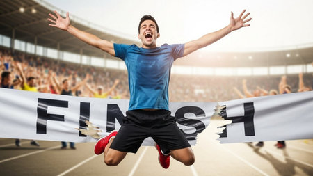 Excited football fan jumping with hands up against composite image of stadiumの素材