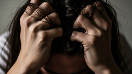 Close-up of depressed woman covering her face with hands. Depression conceptの素材