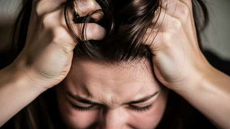 Close-up portrait of a young woman holding her head in painの素材