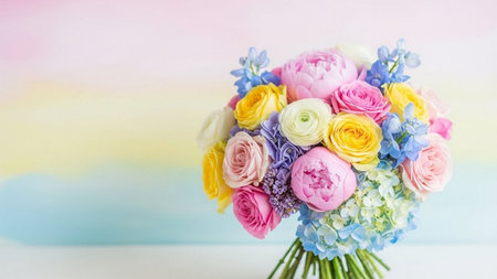 Bouquet of colorful flowers on pastel background with copy spaceの素材