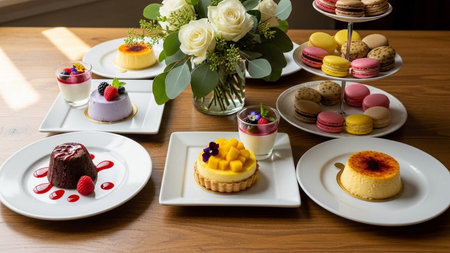 Colorful macaroons, cakes and macarons on the tableの素材