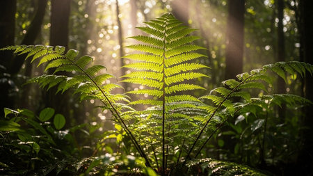 Beautiful fern leaves in a green forest in the morning lightの素材