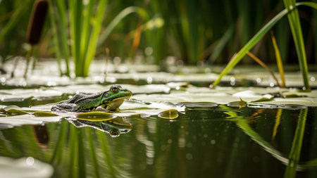 Green frog on a small pond in the sun. Selective focus.の素材