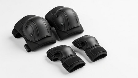 3D rendering of a set of black safety pads on a white backgroundの素材