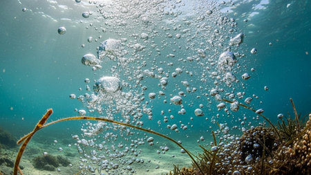 Underwater view of coral reef with corals and air bubbles.の素材