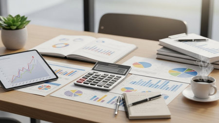 Businessman analyzing investment charts with laptop and calculator. Accounting concept.の素材