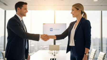 Business people shaking hands at meeting in conference room. Businessman and businesswoman greeting each other with handshake. Teamwork and partnership conceptの素材