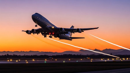 Airplane taking off from the runway at sunset, close-upの素材