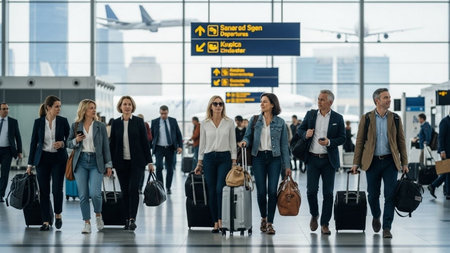 Group of business people walking with luggage in airport terminal. Business travel conceptの素材