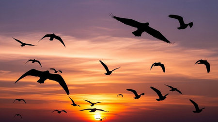 Silhouette of flying seagulls at sunset sky backgroundの素材