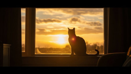 Silhouette of a cat sitting on the windowsill at sunsetの素材