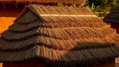 Close up of thatched roof in a rural house, Thailand.の素材