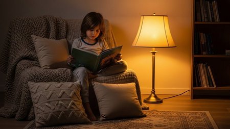 Little girl reading a book at night in a cozy armchair.の素材