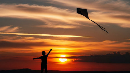 Silhouette of a boy flying a kite at sunset.の素材