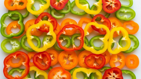 Colorful sweet pepper slices isolated on white background. Top view.の素材
