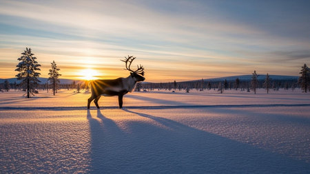 Reindeer in the snow at sunset. Beautiful winter landscape.の素材