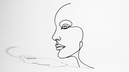 Continuous one line drawing of a female face on white background.の素材