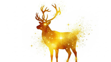 Merry Christmas and Happy New Year greeting card with golden deer silhouetteの素材
