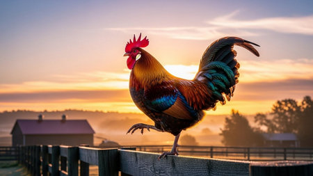 Colorful rooster on the fence at sunrise in the countryside.の素材