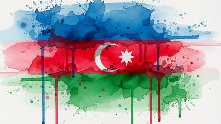 Flag of Azerbaijan painted on watercolor paint splatters on white paperの素材