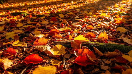 Autumn leaves on the ground in the park. Colorful backgroundの素材