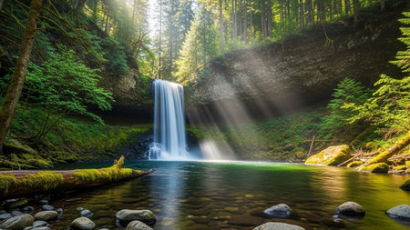 Beautiful waterfall in the forest with sun rays. Long exposure.の素材