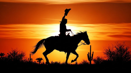 Silhouette of a cowboy on horseback with cactus at sunsetの素材