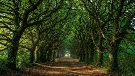 Path in a beautiful green forest with sun rays coming through the treesの素材