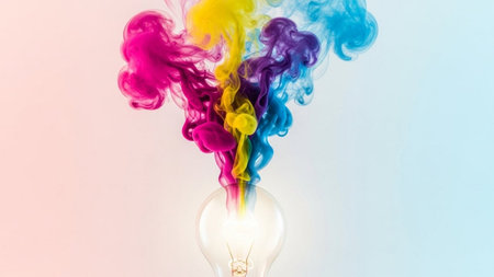 Incandescent light bulb with colorful smoke on a white background.の素材