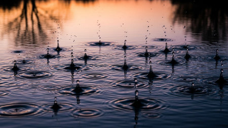 Falling drops of water. Splash effect after collision a falling drops with water Surface.の素材