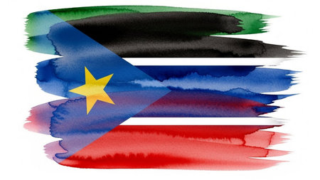 Watercolor painted flag of South Sudan on white background. Brush strokeの素材